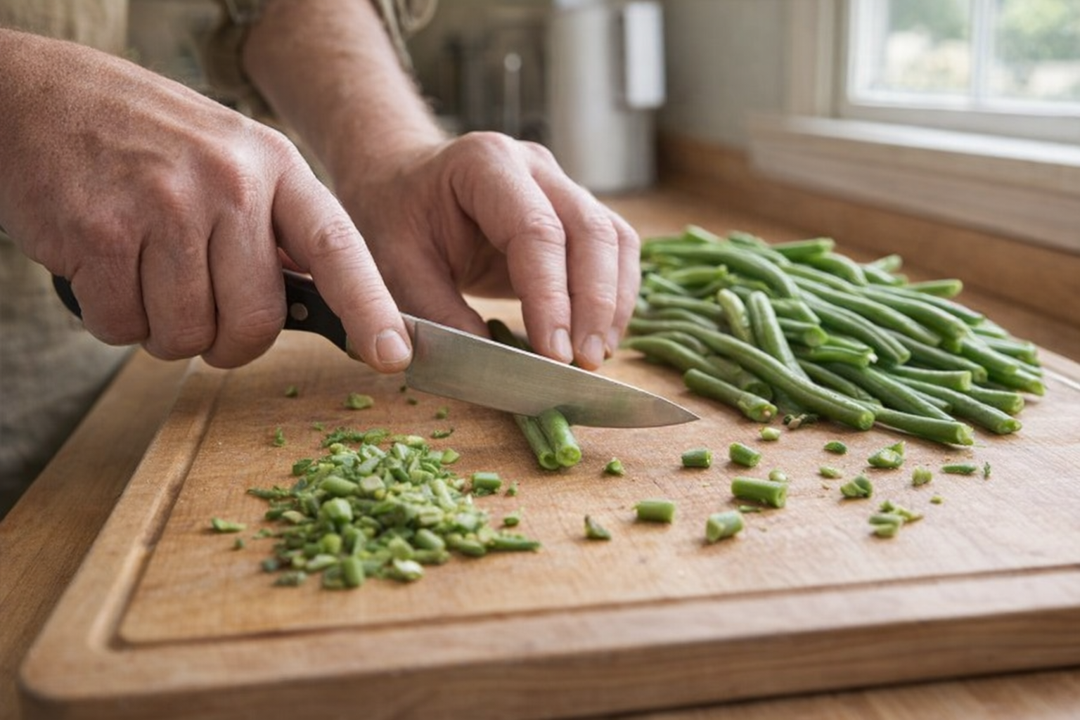 Close up shot of raw green beans being trimmed on a wooden cutting board, knife in focus, bright kitchen
